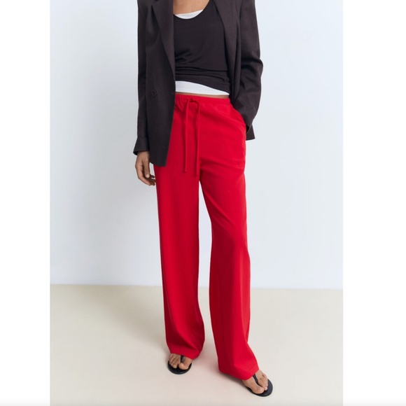 263. MANGO MNG DRAWSTRING STRAIGHT PANTS Red $60 NWOT Small - Picture 1 of 6